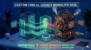 isometric 3D rendering of a central, streamlined, glass interface (representing the custom build) on a dark sapphire blue background