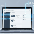laptop displaying a WordPress dashboard connected via glowing API lines to mobile and web app interfaces