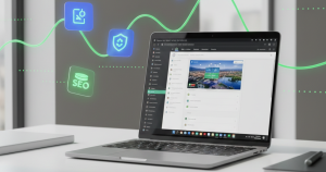 WordPress dashboard on a laptop screen with five floating plugin icons