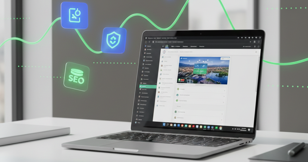 WordPress dashboard on a laptop screen with five floating plugin icons