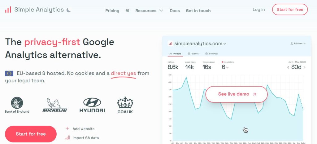 Simple Analytics homepage screenshot