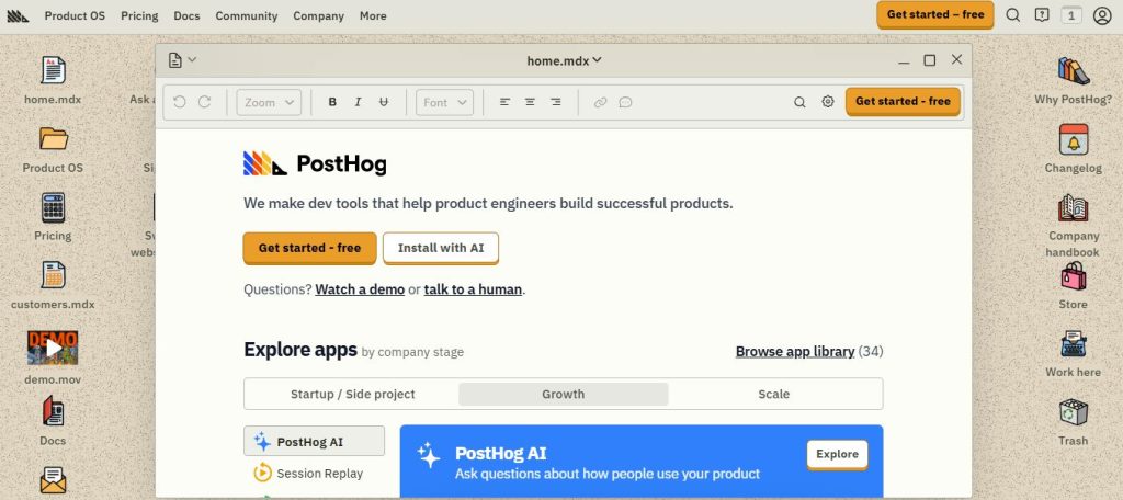 PostHog homepage screenshot