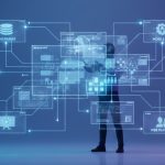 A futuristic digital architecture scene with a builder arranging visual workflow blocks