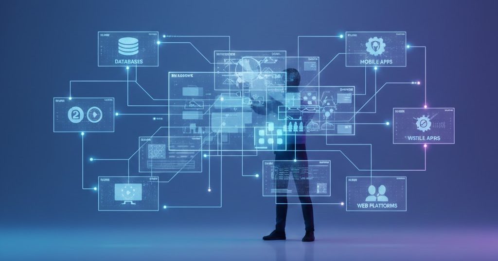 A futuristic digital architecture scene with a builder arranging visual workflow blocks