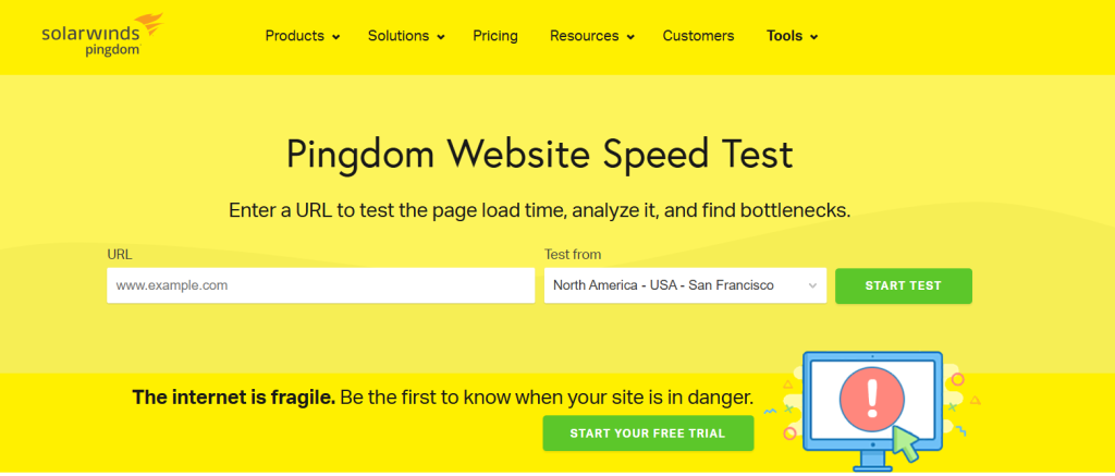 Pingdom speed test tool home page