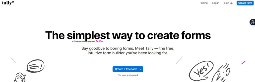 Tally form builder home page