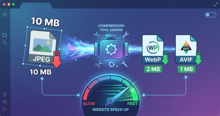 illustration showing an old JPEG image file transforming into smaller WebP and AVIF files