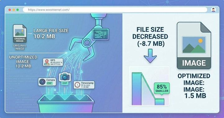 illustration showing an image file with hidden metadata icons such as GPS, camera, and timestamp being removed from the image