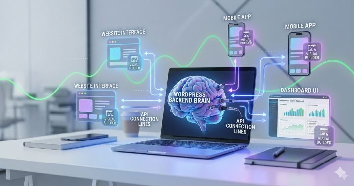 illustration showing WordPress acting as a backend “brain” connected via API lines to multiple modern frontends such as a website interface, mobile app, and dashboard UI