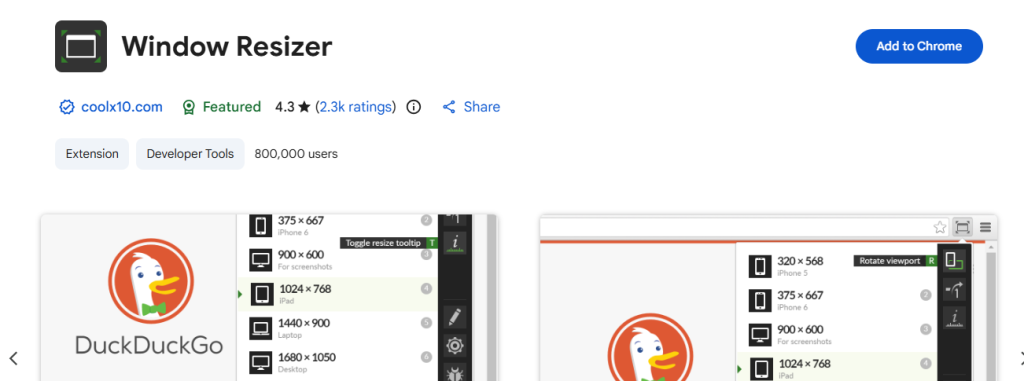 Window Resizer chrome extension for WordPress