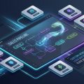 high-tech isometric 3D rendering of a multi-panel digital workspace, designed in a clean, professional tech illustration style