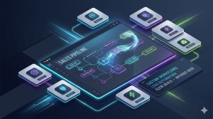 high-tech isometric 3D rendering of a multi-panel digital workspace, designed in a clean, professional tech illustration style
