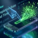 3D rendering of a sleek, translucent smartphone floating above a polished dark surface