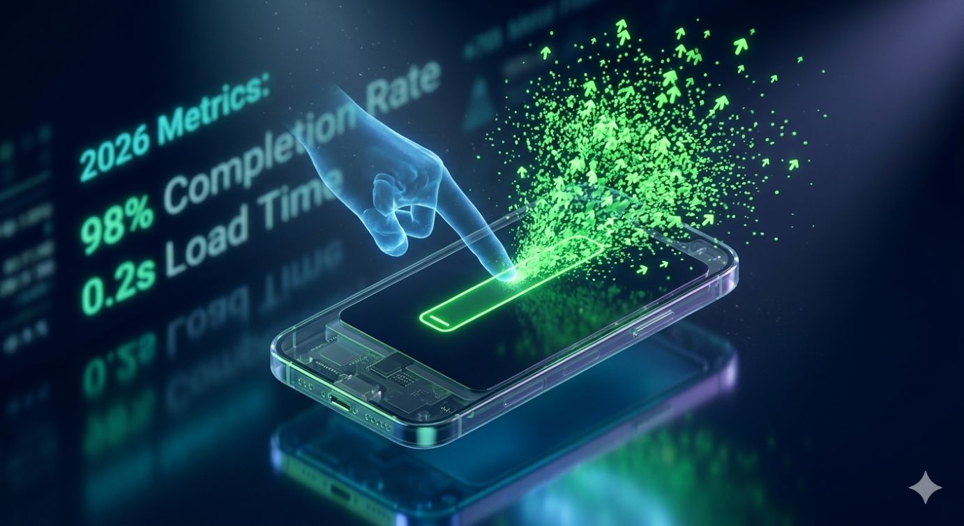 3D rendering of a sleek, translucent smartphone floating above a polished dark surface