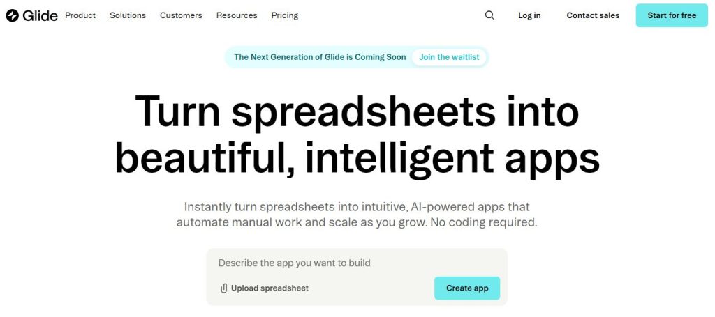 best no-code app builder Glide's homepage screenshot
