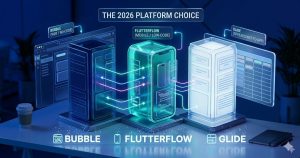 Three massive, interlocking translucent glass pillars represent the platforms; Bubble, FlutterFlow, and Glide