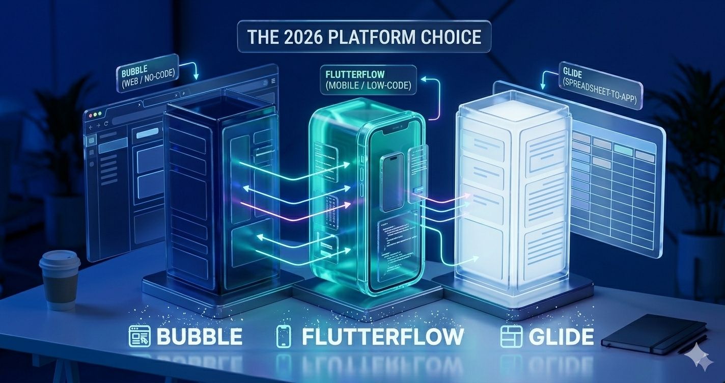 Three massive, interlocking translucent glass pillars represent the platforms; Bubble, FlutterFlow, and Glide