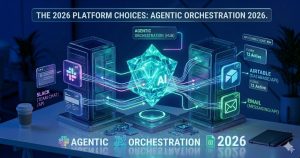 3D rendering of a central, crystalline AI core floating above a polished, futuristic command console