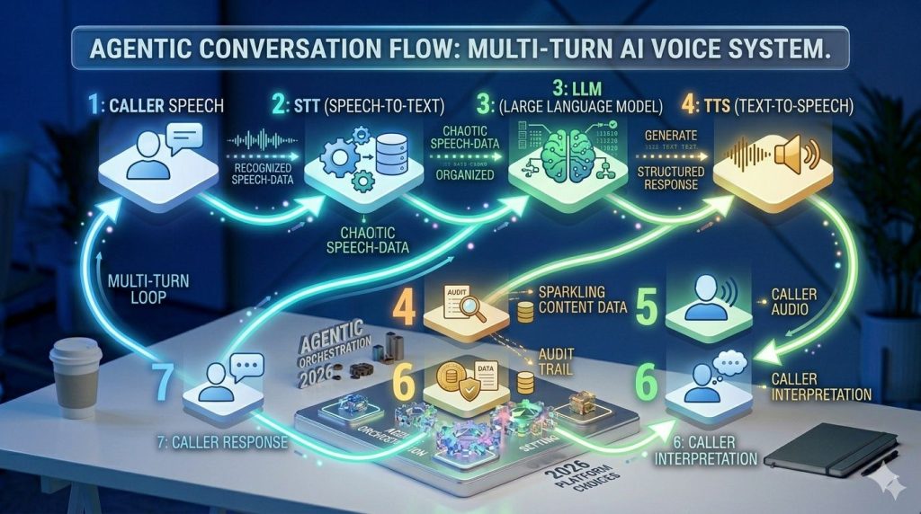 Diagram showing how an AI voice agent processes speech through STT, LLM, and TTS layers