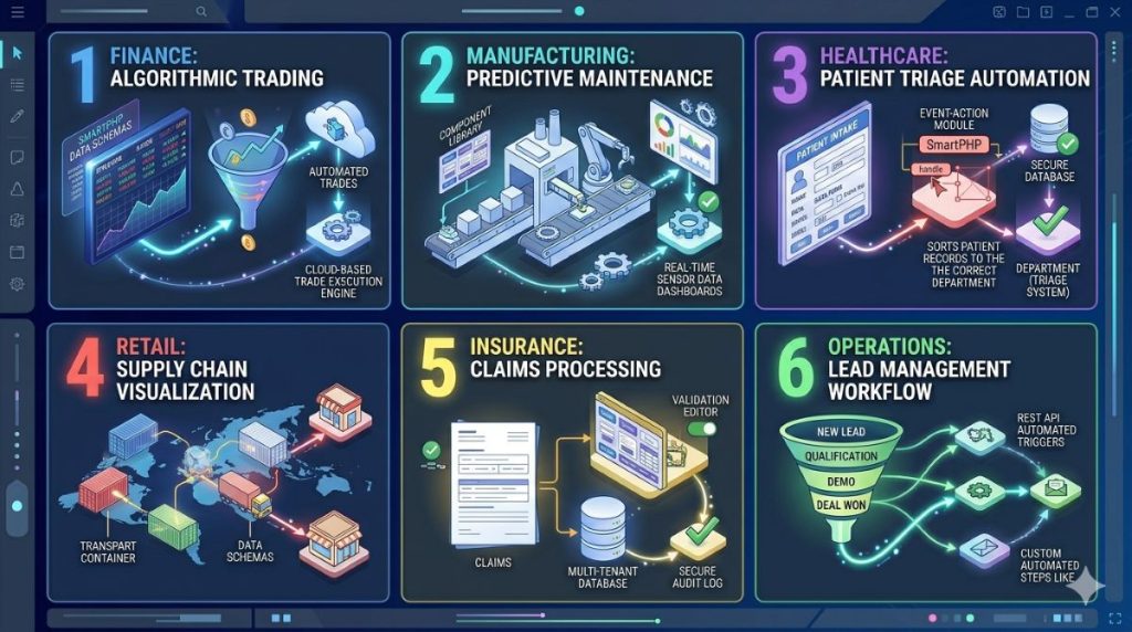 Six industry use case icons for AI voice agents including healthcare, retail, and finance