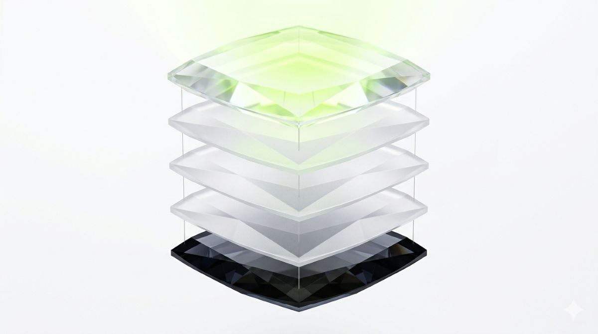 five distinct geometric layers stacked vertically, representing the five core components of a low-code platform