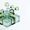 A cluster of translucent, geometric building blocks arranged into a clean architectural structure, floating against a white background