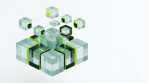 A cluster of translucent, geometric building blocks arranged into a clean architectural structure, floating against a white background