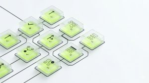 A series of interconnected translucent testing nodes arranged in a clean grid-like flow