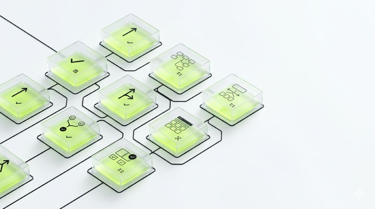 A series of interconnected translucent testing nodes arranged in a clean grid-like flow