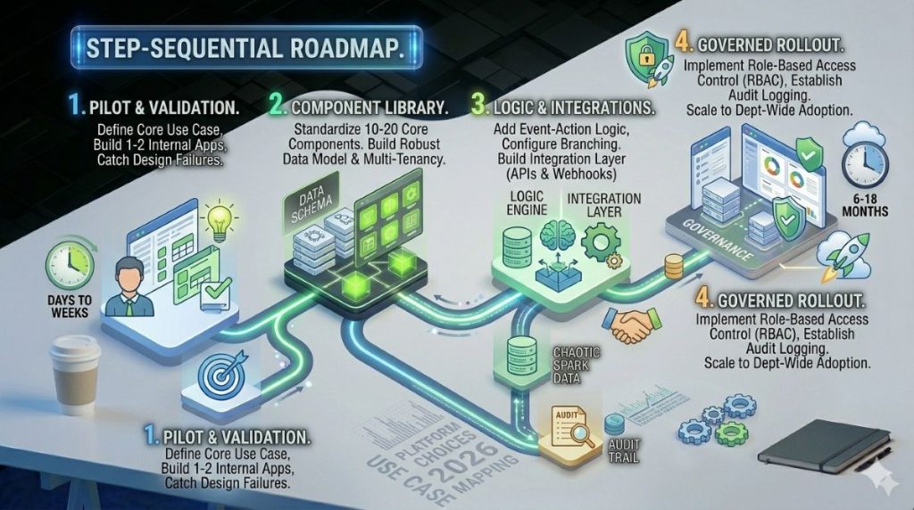 No-code enterprise app adoption path from pilot to governed rollout
