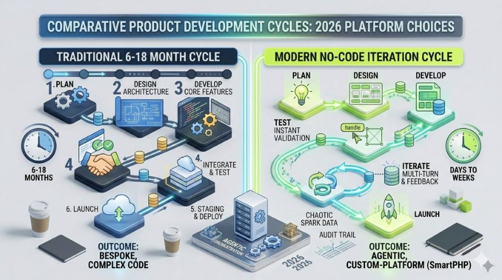 Traditional versus modern enterprise application development workflow comparison