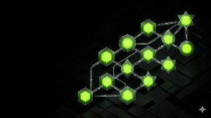 A network of interconnected floating nodes representing app-to-app automation flows
