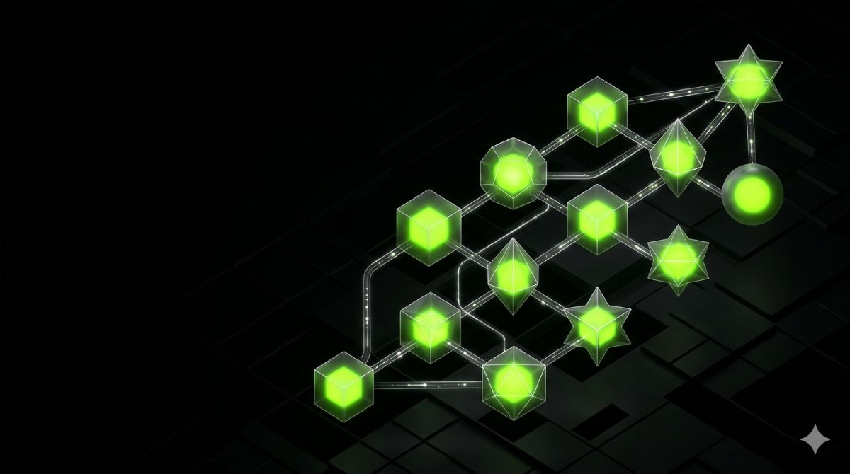 A network of interconnected floating nodes representing app-to-app automation flows