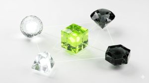 Five distinct geometric crystalline nodes arranged in a radial decision map pattern