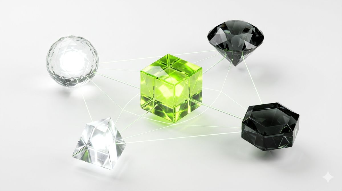 Five distinct geometric crystalline nodes arranged in a radial decision map pattern