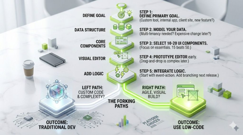 Low-code platform go/no-go decision flowchart for non-developer business owners