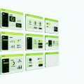 A cluster of translucent glass application windows floating in a structured grid formation, each containing abstract UI elements; charts, dashboards, user cards, and data flows, rendered in a semi-realistic 3D style