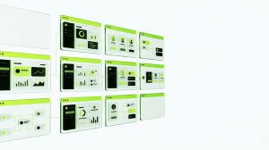 A cluster of translucent glass application windows floating in a structured grid formation, each containing abstract UI elements; charts, dashboards, user cards, and data flows, rendered in a semi-realistic 3D style