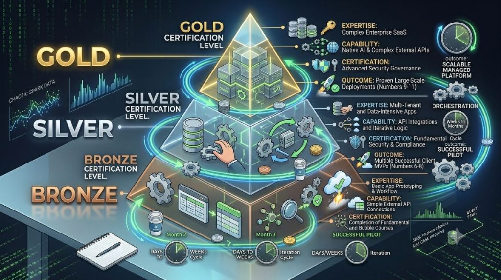 Bubble.io partner tier pyramid showing Bronze Silver and Gold certification levels