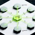 A top-down architectural visualization of eight glowing hexagonal nodes arranged in a radial network formation, each connected by thin luminous lines representing data pathways, rendered in a semi-realistic 3D isometric style