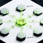 A top-down architectural visualization of eight glowing hexagonal nodes arranged in a radial network formation, each connected by thin luminous lines representing data pathways, rendered in a semi-realistic 3D isometric style