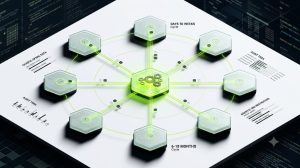 A top-down architectural visualization of eight glowing hexagonal nodes arranged in a radial network formation, each connected by thin luminous lines representing data pathways, rendered in a semi-realistic 3D isometric style