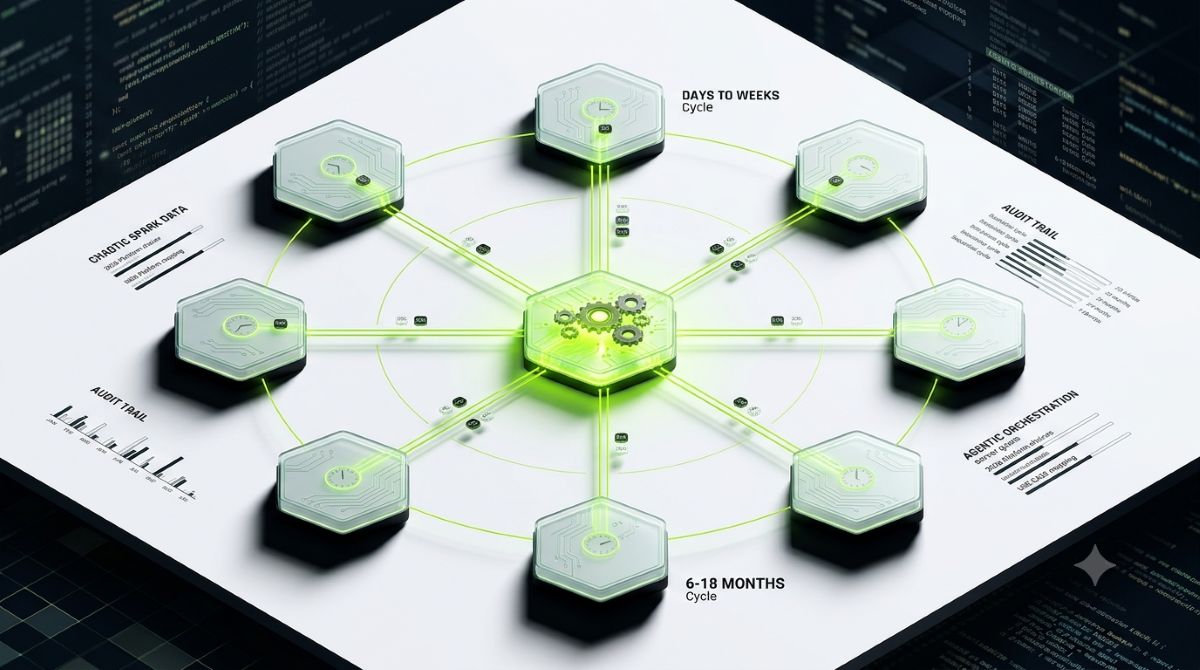 A top-down architectural visualization of eight glowing hexagonal nodes arranged in a radial network formation, each connected by thin luminous lines representing data pathways, rendered in a semi-realistic 3D isometric style