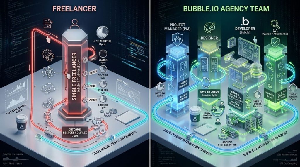 Freelancer versus Bubble.io agency team structure comparison