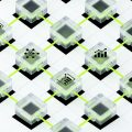 A top-down isometric view of a modular grid of translucent glass connector blocks, each block representing a different software plugin category, interconnected by data-flow lines