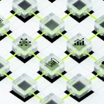 A top-down isometric view of a modular grid of translucent glass connector blocks, each block representing a different software plugin category, interconnected by data-flow lines
