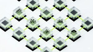A top-down isometric view of a modular grid of translucent glass connector blocks, each block representing a different software plugin category, interconnected by data-flow lines