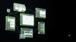 A translucent crystalline web of interconnected application interface fragments — dashboards, marketplace cards, a loan pipeline panel