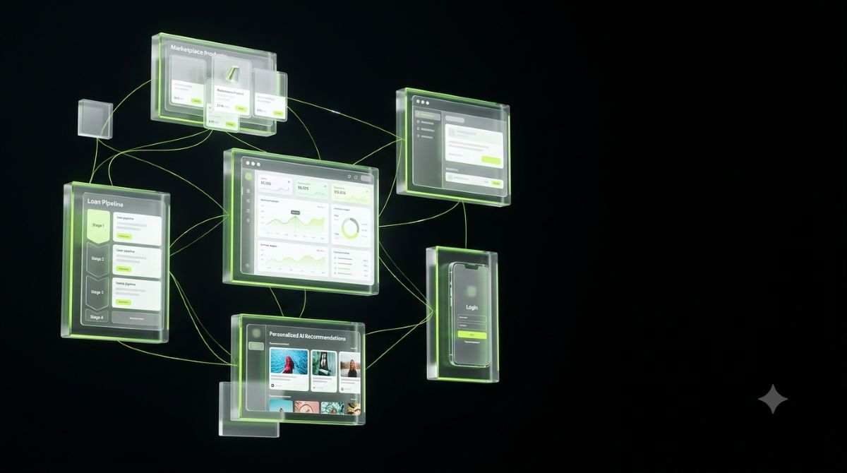 A translucent crystalline web of interconnected application interface fragments — dashboards, marketplace cards, a loan pipeline panel