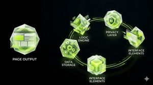 Five interconnected crystalline nodes arranged in a circular flow, each representing a layer of a visual app architecture — data storage, logic engine, interface elements, privacy layer, and page output — rendered in a semi-realistic 3D illustration style